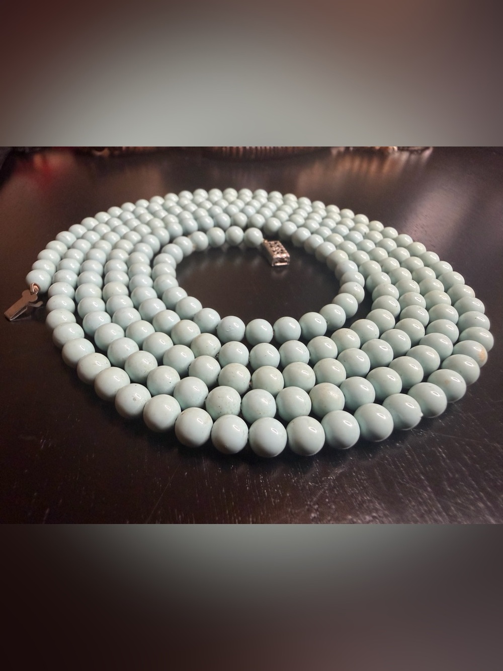 VTG 55” Chinese Export Amazonite & Sterling Silver Filigree Necklace